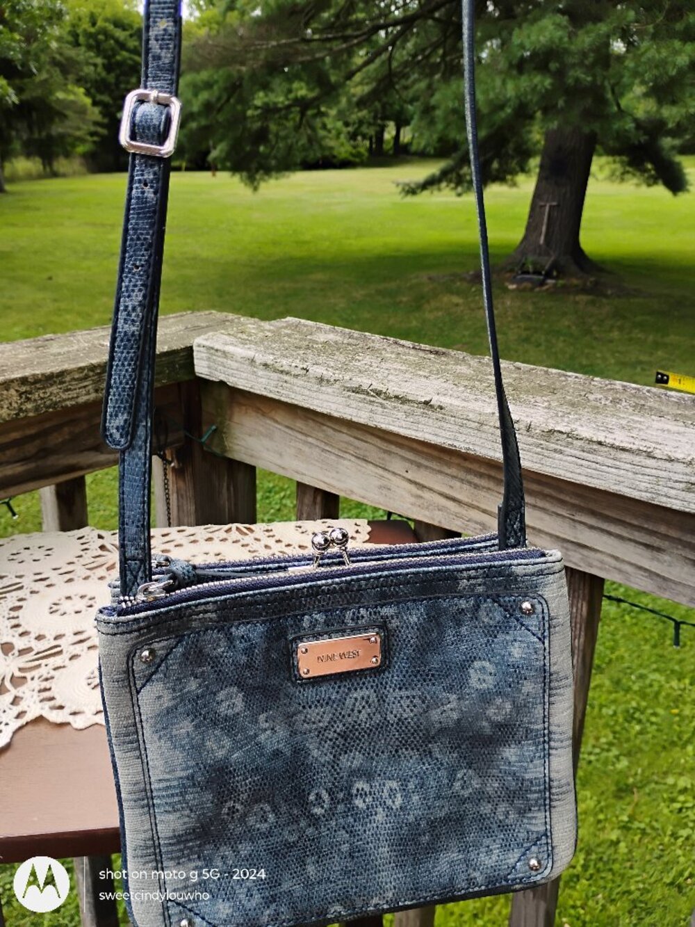 Nine West cross body 3-compartment purse denim wash snake print and animal print